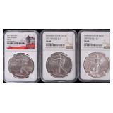 FINE SILVER 1OZT AMERICAN EAGLES NGC MS-69 - (3)