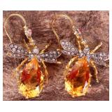 ~5.3CT CITRINE 14K GOLD & 925 BUG EARRINGS TOPAZ