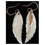 14K YELLOW GOLD MOTHER OF PEARL FEATHER EARRINGS