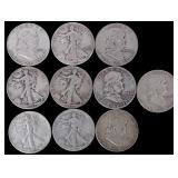 ASSORTED 90% SILVER U.S. HALF DOLLARS - (10)