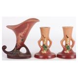 ROSEVILLE POTTERY PINK VASE & CANDLESTICK HOLDERS