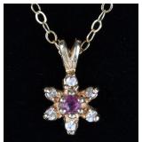 10K YELLOW GOLD LADIES NECKLACE W/ DIAMONDS & RUBY