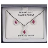 STERLING SILVER RUBY DIAMOND LADIES JEWELRY SET