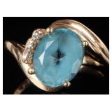 14K YELLOW GOLD BLUE TOPAZ DIAMOND LADIES RING