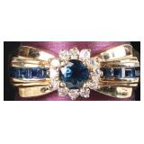 14K YELLOW GOLD BLUE SAPPHIRE DIAMOND LADIES RING