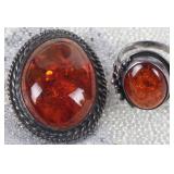 LARGE AMBER STERLING SILVER BROOCH & RING