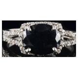 STERLING SILVER LADIES RING W/ 2CT SAPPHIRE & DIAS