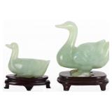 CARVED CHINESE GREEN NEPHRITE DUCK FIGURES