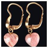 18K YELLOW GOLD PINK LACE AGATE HEART EARRINGS