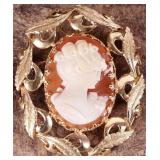 14K YELLOW GOLD CAMEO ENAMEL LEAF LADIES BROOCH
