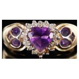 14K YELLOW GOLD AMETHYST DIAMOND HEART LADIES RING