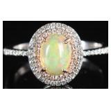 EFFY 14K WHITE GOLD CABOCHON OPAL DIAMOND RING