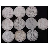 ASSORTED 90% SILVER U.S. HALF DOLLARS - (10)