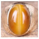 10K YELLOW GOLD CABOCHON TIGERS EYE MENS RING