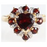 14K YELLOW GOLD GARNET DIAMOND LADIES HEART RING