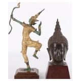 VINTAGE THAI BRONZE ARCHER & BUDDHA HEAD WOOD BASE