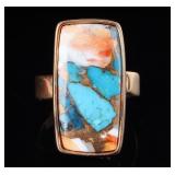 GOLD-COLOR STERLING SILVER RING W/ OYSTER & TURQ