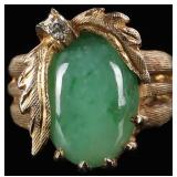 14K YELLOW GOLD LADIES RING W/ JADE & DIAMOND
