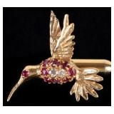14K YELLOW GOLD DIAMOND RUBY HUMMINGBIRD PIN