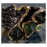 STERLING SILVER BRUTALIST LADIES RING W/ NEPHRITE