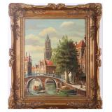OIL ON BOARD OF A CITY AMIDST A RIVER FRAMED