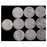 ASSORTED 90% SILVER U.S. HALF DOLLARS - (10)