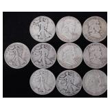 ASSORTED 90% SILVER U.S. HALF DOLLARS - (10)
