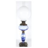 ANTIQUE VICTORIAN BLUE DELFT GLASS OIL LAMP