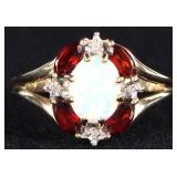 10K YELLOW GOLD DIAMOND OPAL GARNET LADIES RING