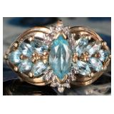 10K YELLOW GOLD BLUE TOPAZ DIAMOND LADIES RING