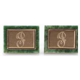 14K YELLOW GOLD MENS CUFFLINKS W/ GREEN GRANITE