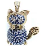 STUNNING 14K SAPPHIRE & DIAMOND CAT BROOCH