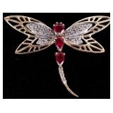 10K YELLOW GOLD PINK RUBY DIAMOND DRAGONFLY PIN