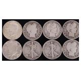 90% SILVER ASSORTED U.S. HALF DOLLARS - (9)