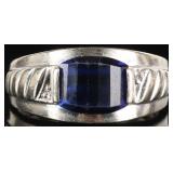 10K WHITE GOLD MENS RING W/ SAPPHIRE & DIAMONDS