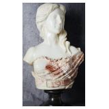 ANTIQUE MARBLE BUST WOMAN W/ RED COLORED CLOAK