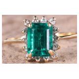 14K YELLOW GOLD EMERALD DIAMOND LADIES RING