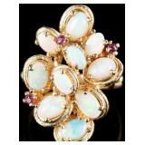 14K YELLOW GOLD PINK RUBY OPAL CLUSTER LADIES RING