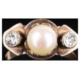14K YELLOW GOLD NATURAL DIAMOND PEARL LADIES RING