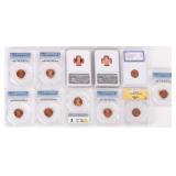 ASSORTED PF/MS-66 TO 70 LINCOLN PENNIES - (11)