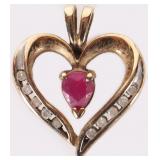 10K YELLOW GOLD HEART PENDANT W/ RUBY & DIAMONDS