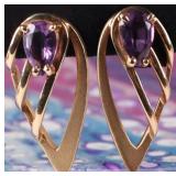 14K YELLOW GOLD LADIES LEAF EARRINGS W/ AMETHYST