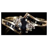 14K YELLOW GOLD BLUE SAPPHIRE DIAMOND LADIES RING