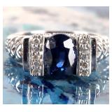 1.25CT BLUE SAPPHIRE & CZ STERLING SILVER RING
