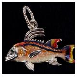 14K YELLOW GOLD EMERALD ENAMEL HOG SNAPPER PENDANT
