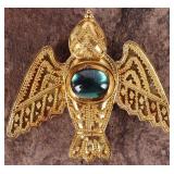 18K YELLOW GOLD SPARROW PENDANT/BROOCH W/ AQUA