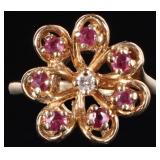 14K YELLOW GOLD FLORAL LADIES RING W/ DIA & RUBIES