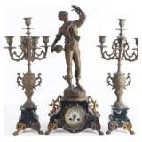 MANTEL CLOCK & 2 CANDELABRAS SET MARBLE BRONZE