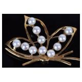 4.25-4.45MM WHITE PEARL 18K YELLOW GOLD BROOCH