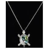 0.925 SILVER EMERALD AQUA PERIDOT TURTLE NECKLACE